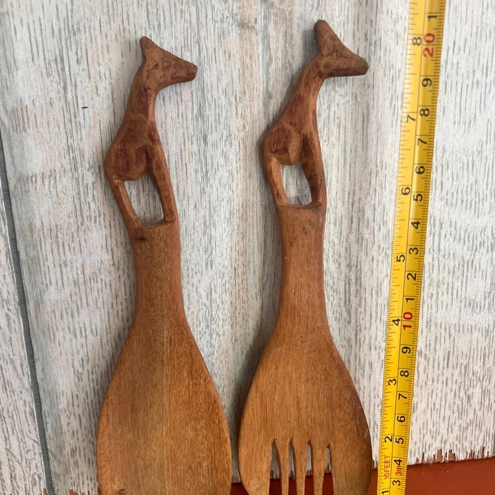 Hand Carved Wooden Giraffe Salad Servers Set 2 Piece Boho African Style Utensils